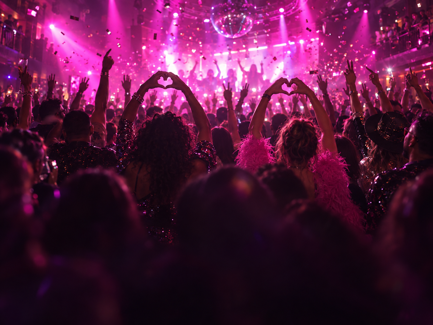 Hands in the air and confetti falling over the dance floor