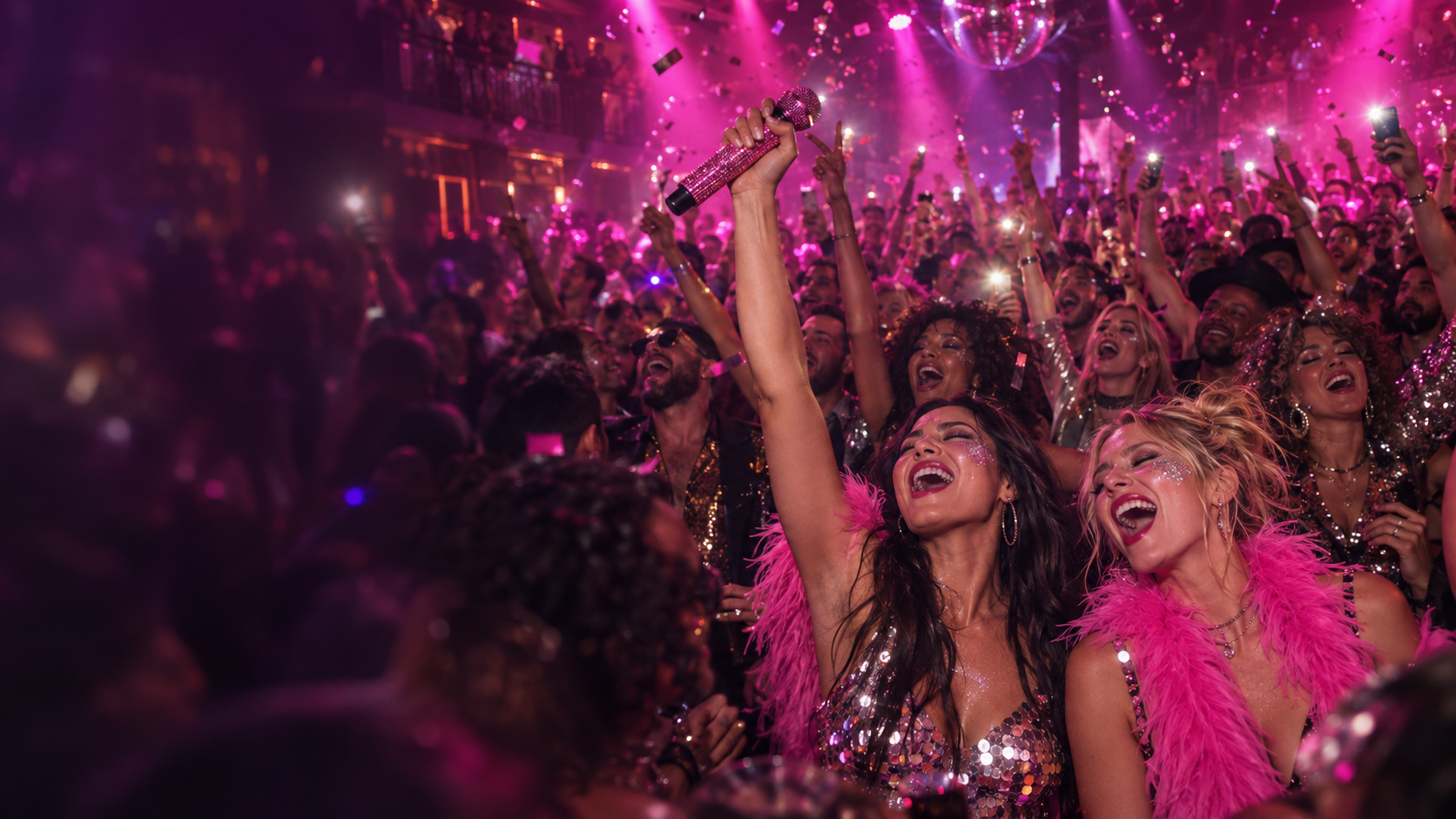 Crowd singing together under pink stage lights