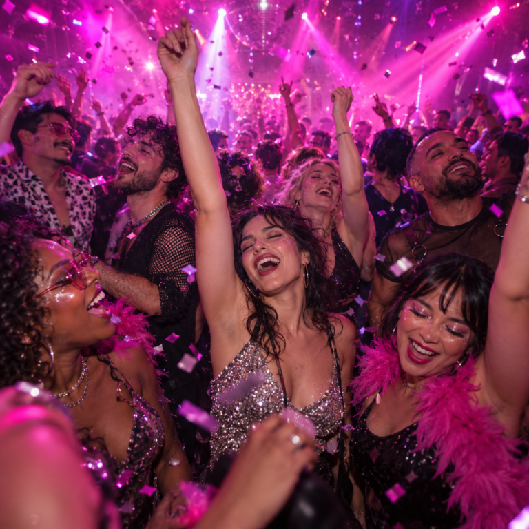 Crowd with hands raised under pink lights