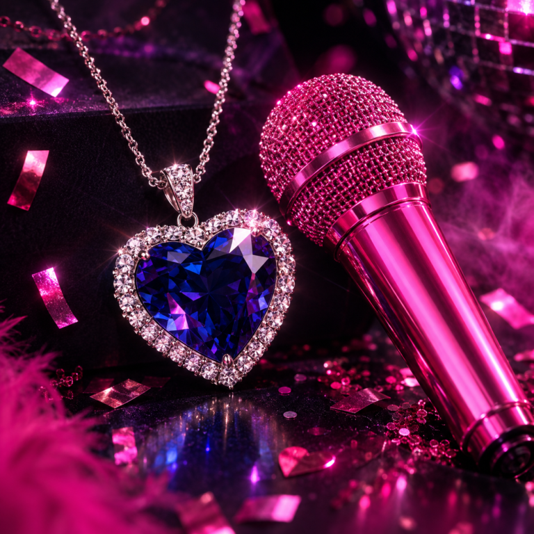 Blue heart necklace and pink Divas microphone